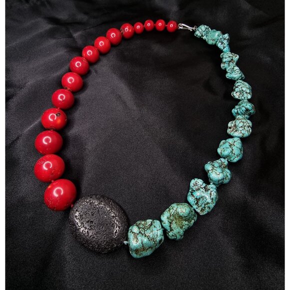 Rare Find Large Genuine Coral & Turquoise Beaded Necklace With Black Lava Stone - Picture 2 of 7